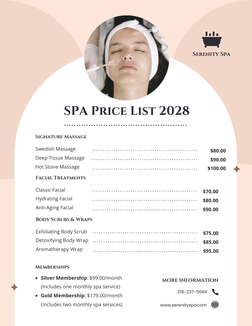 Simple SPA Price List Template Venngage