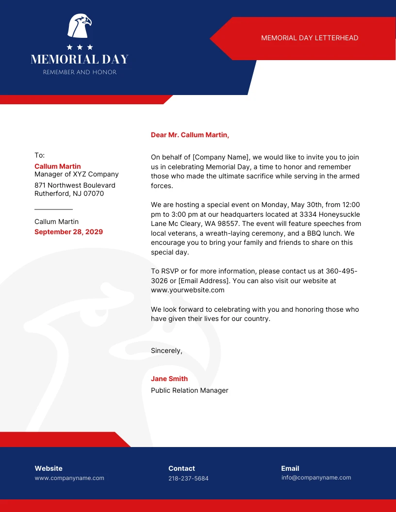 Eagle Blue And Red Memorial Day Letterhead Venngage