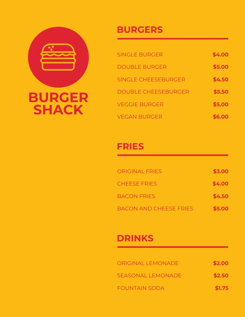 Simple Yellow Burger Menu Venngage