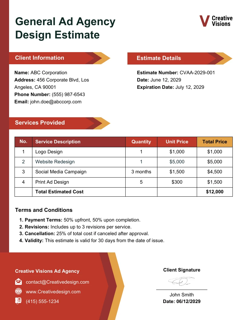 Modelo Geral De Estimativa De Design De Ag Ncia De Publicidade Venngage