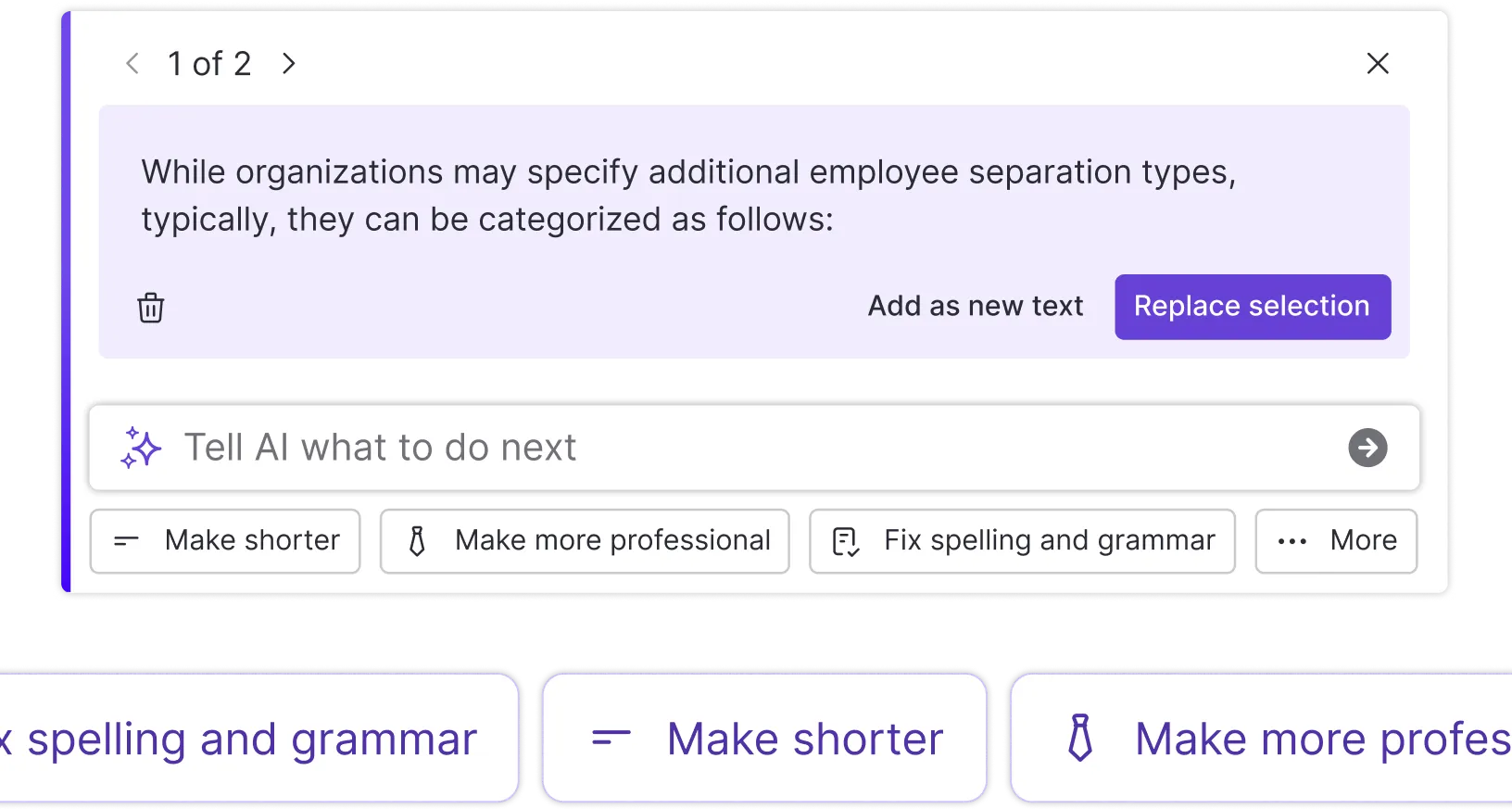 Improve text feature that is suggesting professional copy for a design. There are options to make the copy shorter, fix spelling and grammar, or make the copy sound more professional.