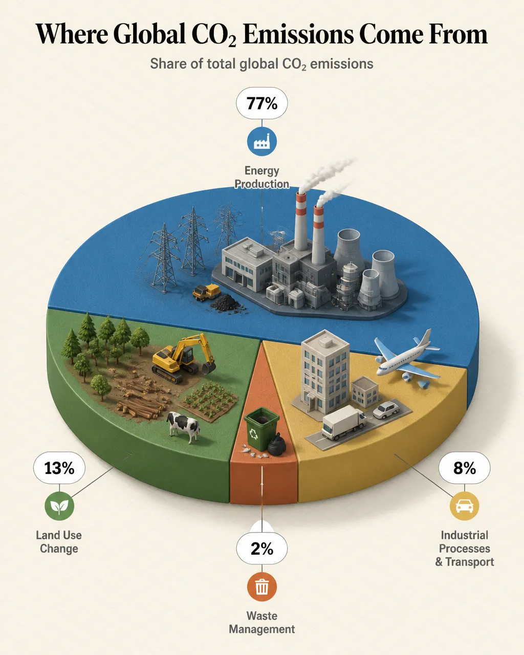 Design an isometric object-as-data infographic where a 3D pie chart becomes a miniature illustrated world. Size each wedge accurately by percentage and build a category-themed mini scene on top. Add percentage callouts with icons and leader lines, an editorial headline, coordinated colors, soft shadows, and a warm neutral background. Keep it clean, dimensional, and free of unnecessary chart elements.