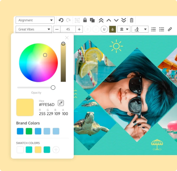 Erwecke deine Fotocollage mit eigenen Farben, Schriftarten und Symbolen zum Leben