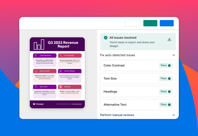 Accessibility checker showing all WCAG issues resolved on a Q3 revenue infographic