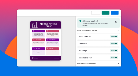 Accessibility checker showing all WCAG issues resolved on a Q3 revenue infographic