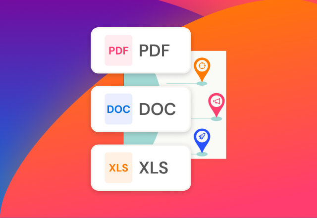 Export options showing PDF, DOC, and XLS formats alongside an infographic
