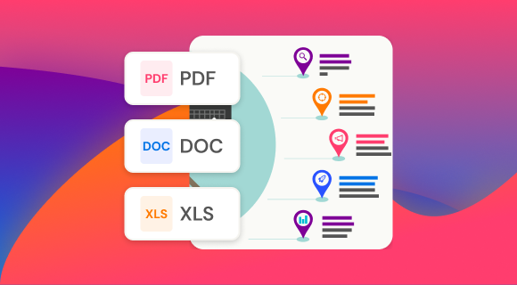 Export options showing PDF, DOC, and XLS formats alongside an infographic