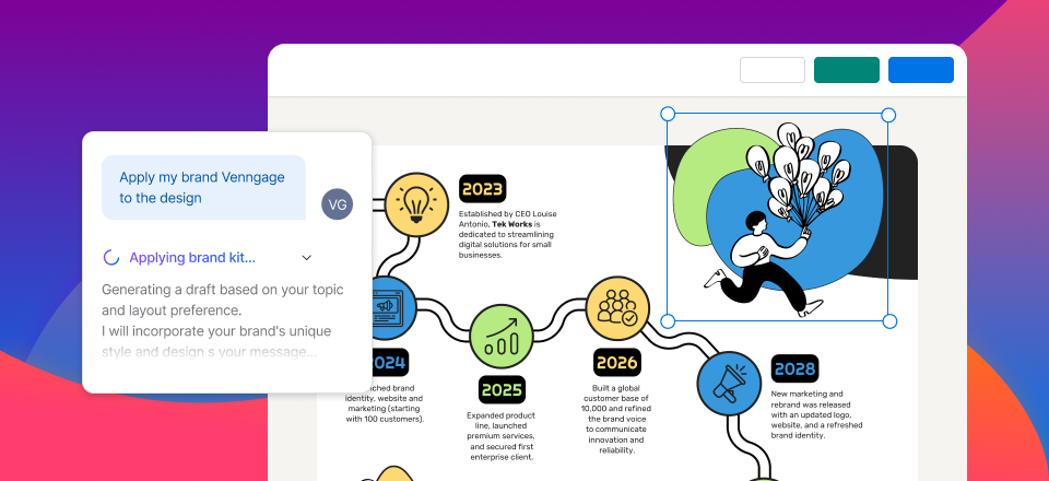 AI Infographic Maker preview showing a chat prompt applying a brand kit to an infographic template
