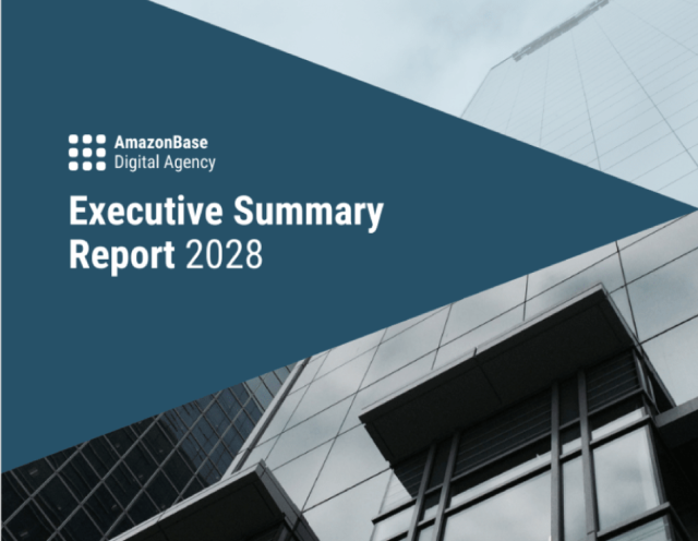 The image is a title slide for an 'Executive Summary Report 2028' from AmazonBase Digital Agency. It features a diagonal dark blue banner across the top with the title text, overlaying a photograph of a modern glass building, conveying a professional and corporate aesthetic.