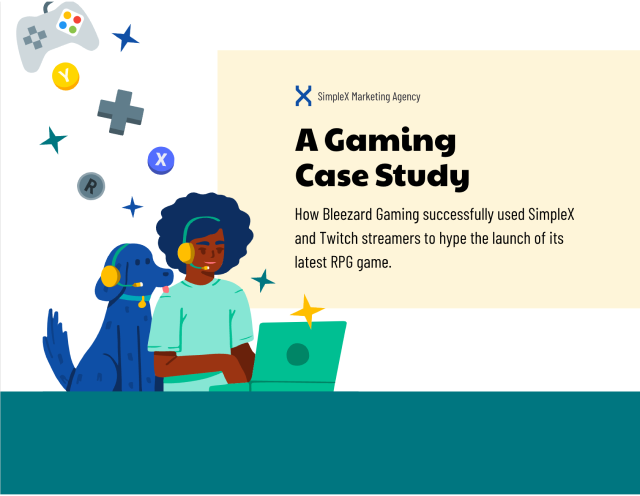 The image is a cover slide from Simplex Marketing Agency for 'A Gaming Case Study.' It illustrates how Bleezard Gaming successfully used Simplex and Twitch streamers to promote the launch of its latest RPG game. The graphic features colorful gaming-related icons like a game controller and decorative stars, and a character with headphones using a laptop, suggesting a gaming or streaming activity. The design is playful and vibrant, targeting a gaming audience.