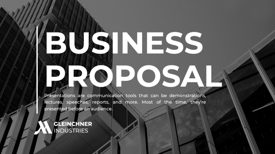 The image is a monochromatic title slide for a 'BUSINESS PROPOSAL' by GLEINCHNER INDUSTRIES. It features an image of modern architectural details of a building in the background with the text overlaying it. There's also a subtitle text that says presentations are communication tools for demonstrations, lectures, speeches, and reports, usually presented before an audience. The design is sleek and professional, with a black and white color scheme.