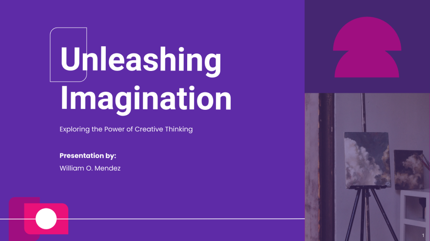 The image is a title slide from a presentation named 'Unleashing Imagination: Exploring the Power of Creative Thinking' presented by William O. Mendez. The slide has a purple background with white and pink text and graphics. There's a camera icon in the bottom left and a graphic resembling a person's head in the top right. The image also includes a canvas with a painting on an easel, suggesting a theme of creativity and art.