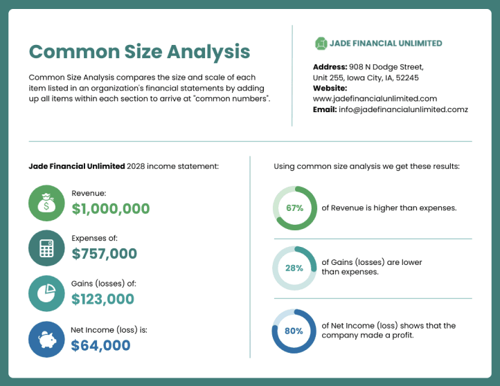 An infographic titled 'Common Size Analysis' explains the method of analyzing and comparing financial statements by converting items on financial statements into a percentage of a common size. The example provided is from Jads Financial Unlimited's 2020 income statement, showing revenue, expenses, gains, losses, and net income, each with a corresponding icon and amount. The right side of the infographic presents three pie charts with percentages indicating results of the analysis: 67% of revenue is higher than expenses, 28% of gains (losses) are lower than expenses, and 80% of net income (loss) shows that the company makes a profit. The company's address, website, email, phone, and fax information are provided in a side panel. The design uses a color scheme of blue, green, and white for a professional appearance.
