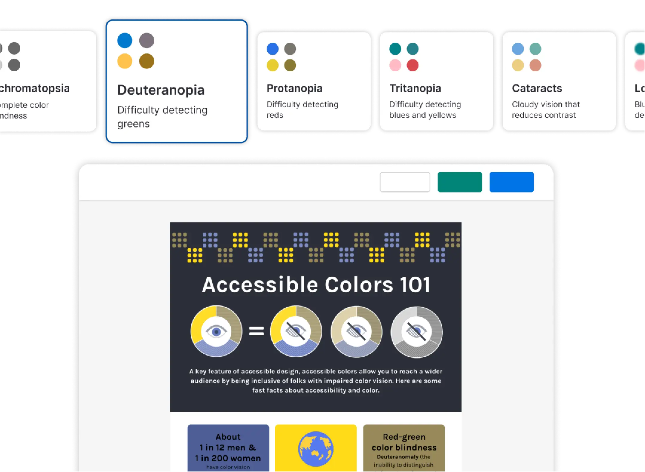 Editor de Venngage que simula un diseño desde una perspectiva diferente del daltonismo.