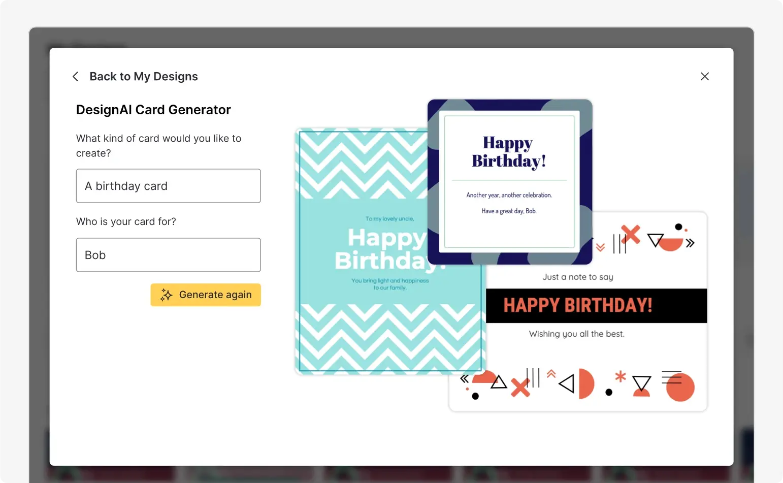 Une capture d'écran du générateur de cartes DesignAI, l'un des outils d'automatisation de la conception de Venngage. Saisissez une invite pour générer un design de carte. Une capture d'écran du générateur de cartes DesignAI, l'un des outils d'automatisation de la conception de Venngage. Saisissez une invite pour générer un design de carte.