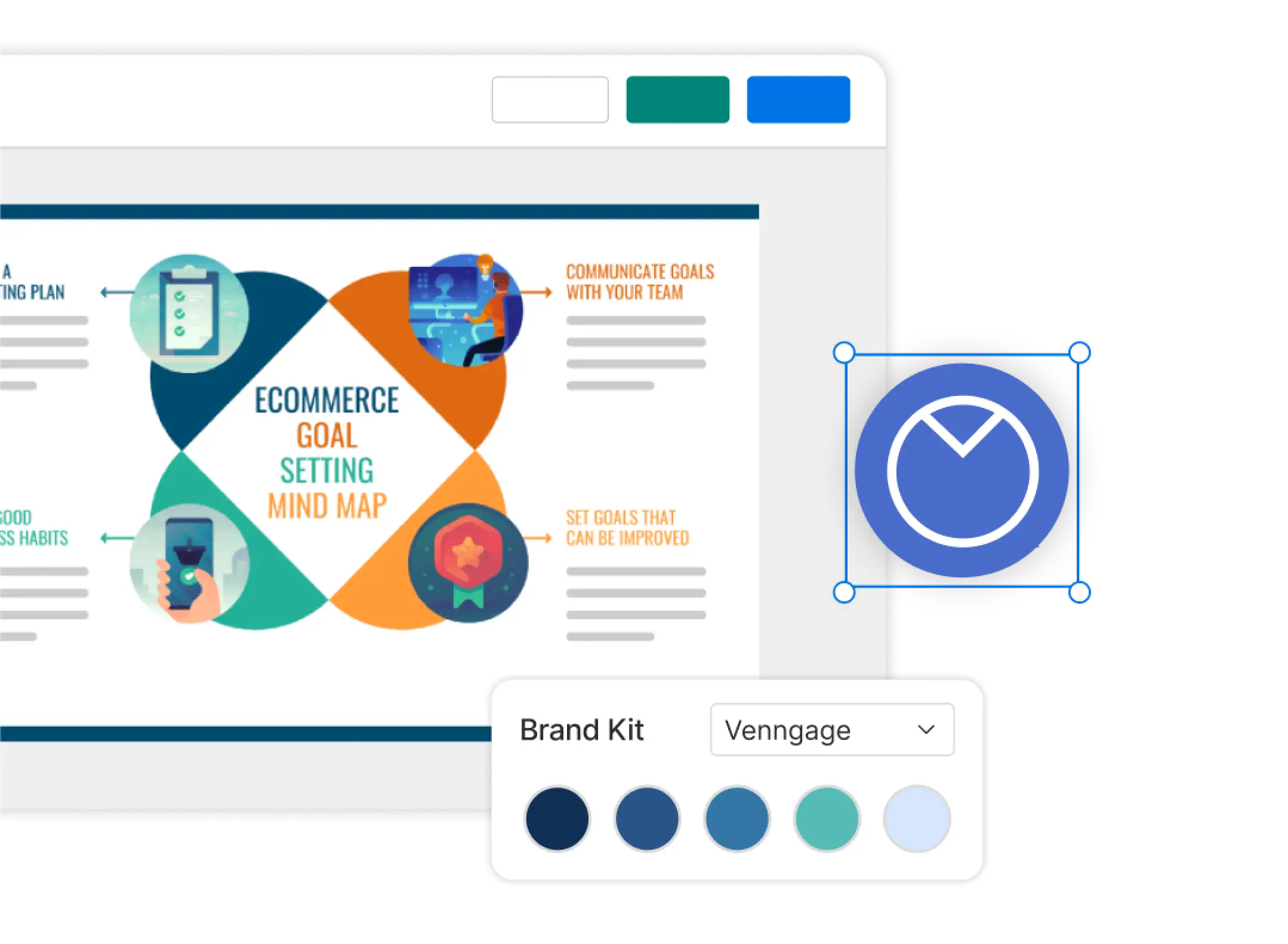 Editor Venngage mostrando recursos como cores de marcas e logotipos