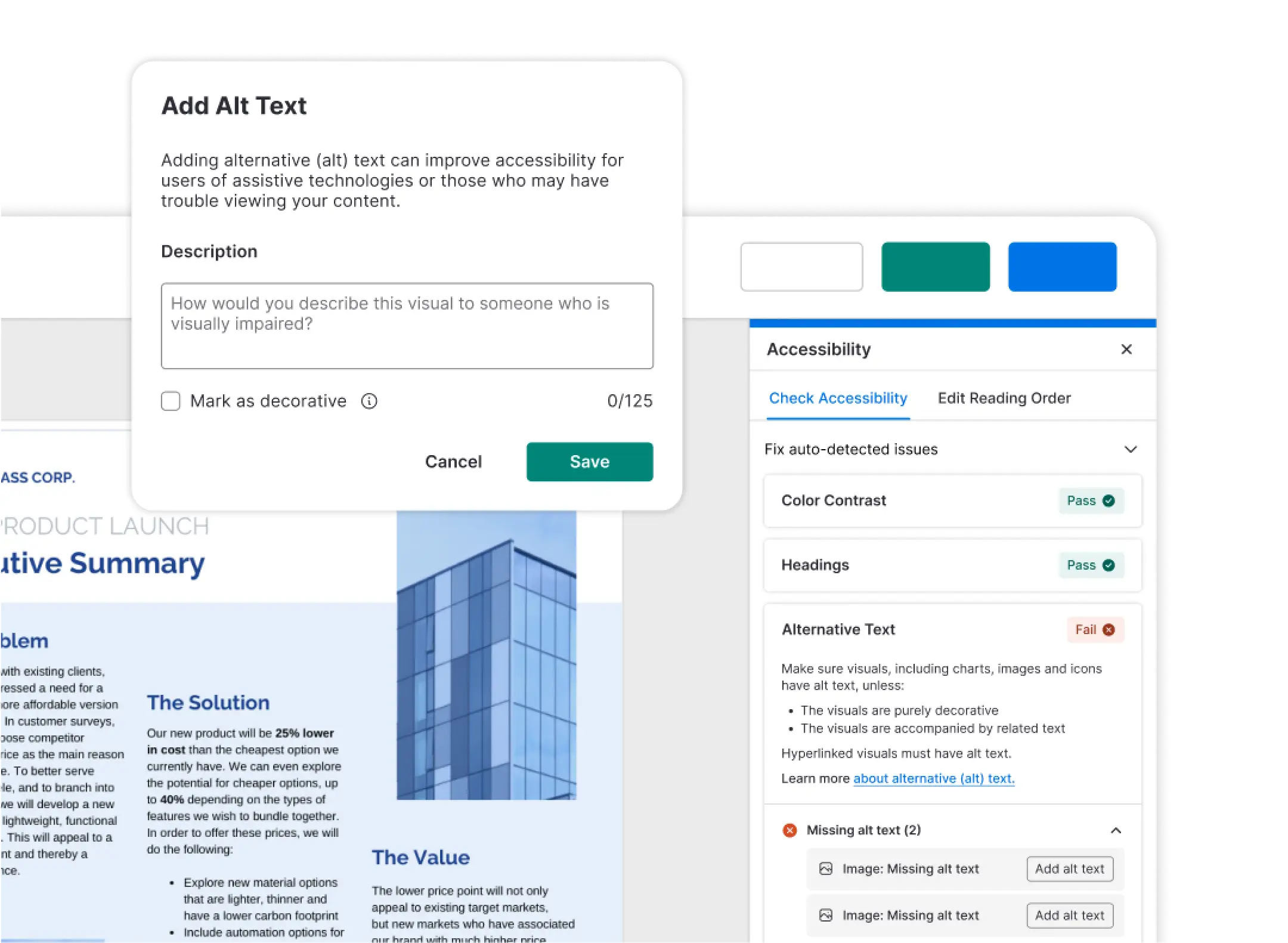 Recursos de acessibilidade incluídos no editor da Venngage, incluindo um verificador de acessibilidade e recurso de texto alternativo.