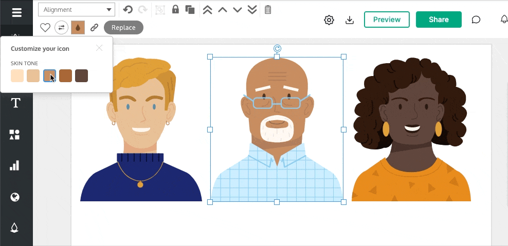 GIF przedstawiający dostosowywanie odcienia skóry na ikonie osoby w edytorze Venngage.