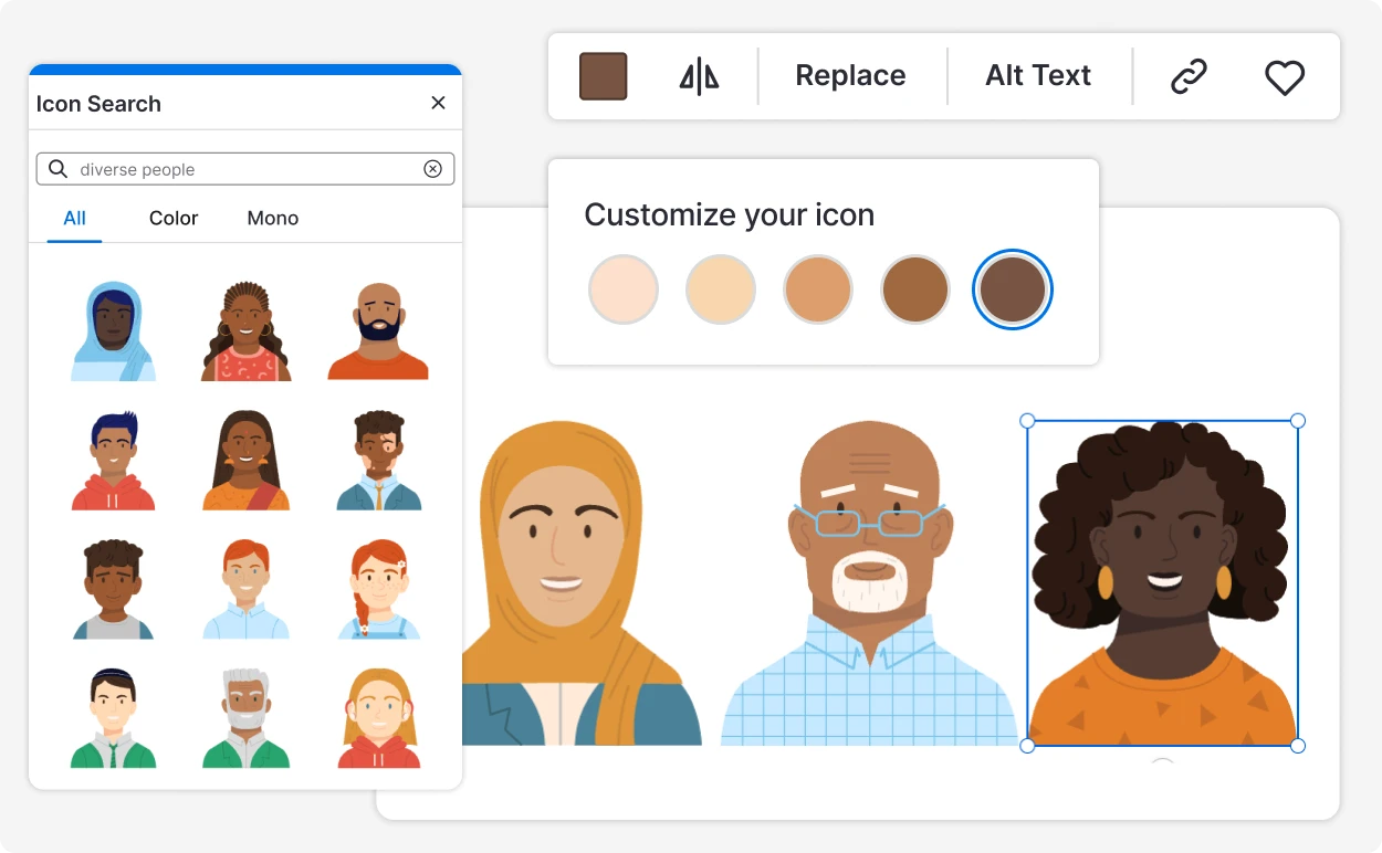 An Image showing skin tone being customized on an icon of a person in the Venngage editor. An Image showing skin tone being customized on an icon of a person in the Venngage editor.