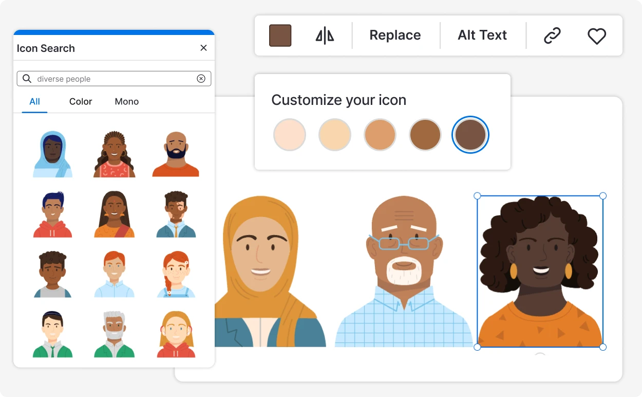 صورة Image تعرض تخصيص لون البشرة على أيقونة شخص ما في محرر Venngage.
