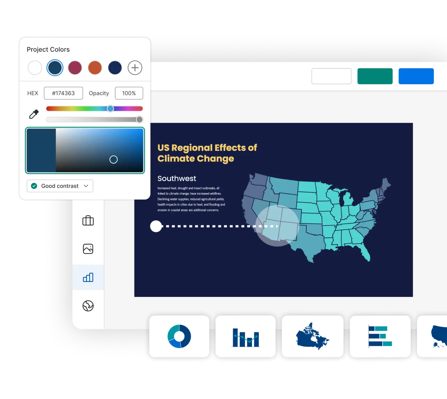 El editor de Venngage, que muestra gráficos, mapas y verificador de contraste.