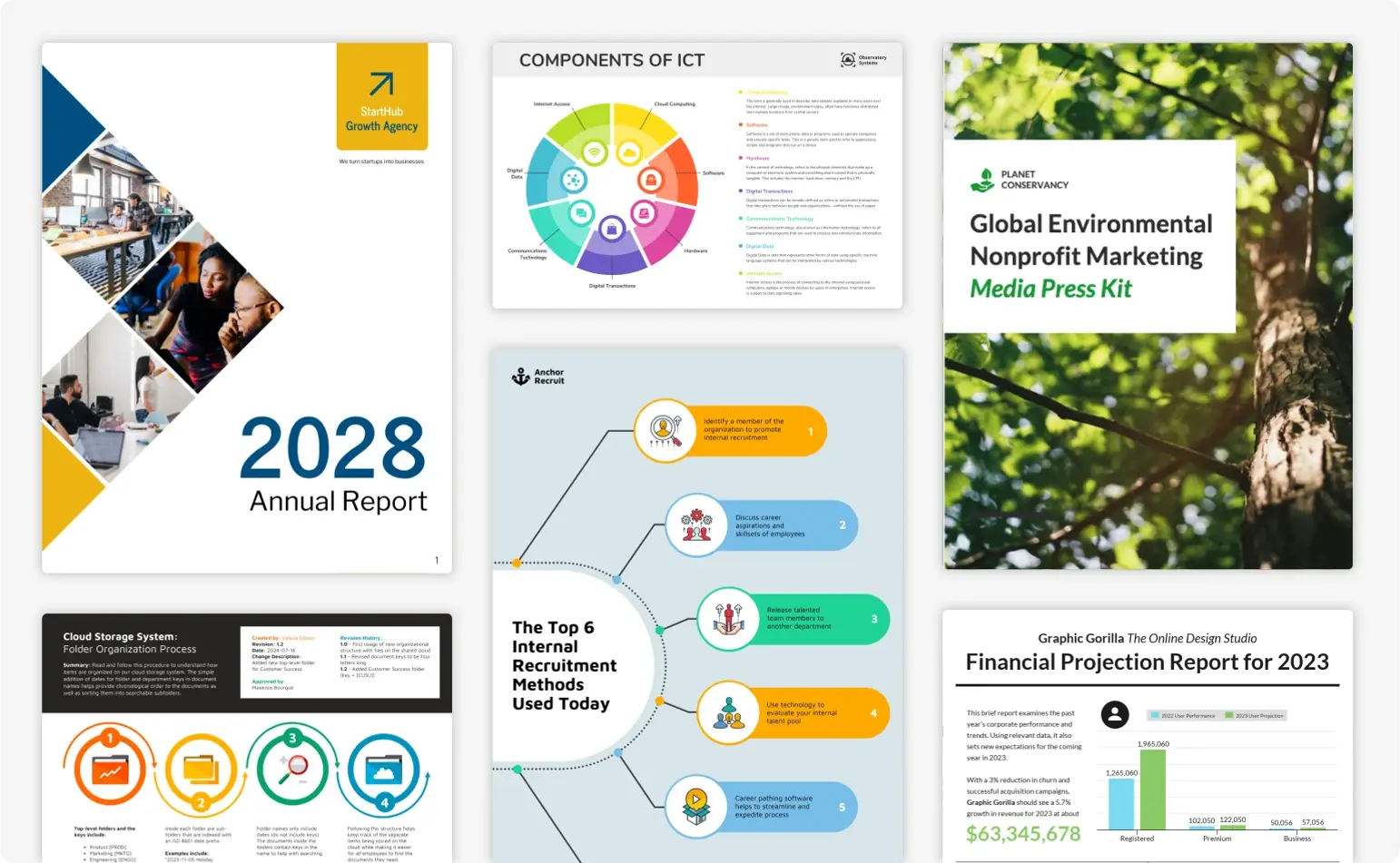 Algunas plantillas profesionales de infografías, informes y diagramas ofrecidas por Venngage.