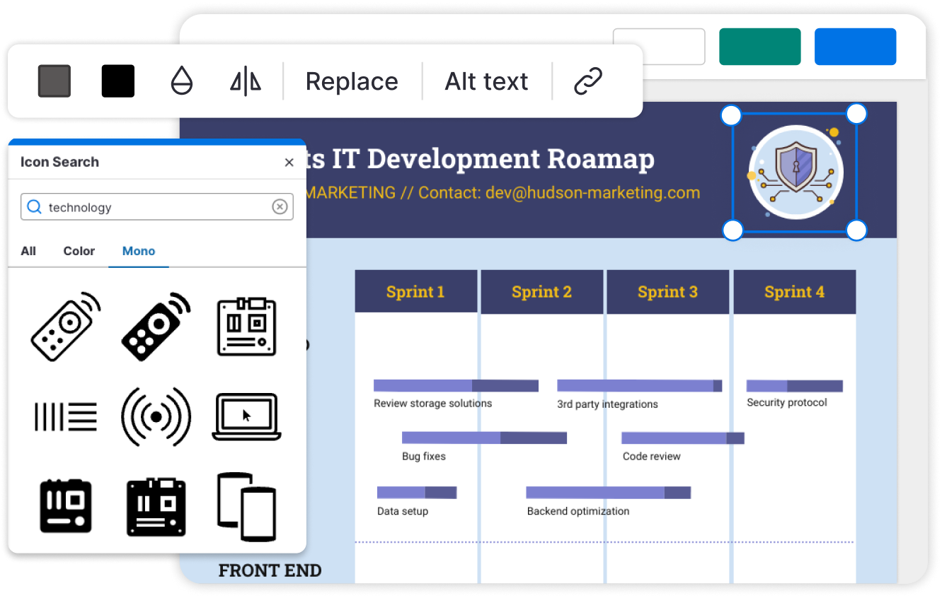 Screenshot of a software interface showing an IT Development Roadmap with tasks organized into four sprints. An icon search window is open with various technology-related icons displayed. The selected icon, depicting a shield with a circuit pattern, is highlighted and appears on the roadmap document.