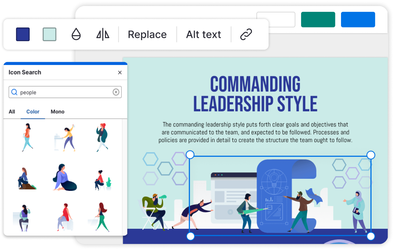 Illustration of a software interface with an icon search feature open, displaying various people icons, and a main graphic explaining the 'Commanding Leadership Style' with text and stylized figures representing leadership and teamwork concepts.
