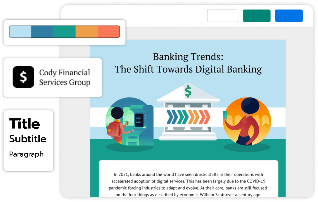 Illustration of a webpage discussing 'Banking Trends: The Shift Towards Digital Banking' with graphics showing a person using an ATM and another using mobile banking, alongside a traditional bank building with declining arrows, indicating a move towards digital financial services.