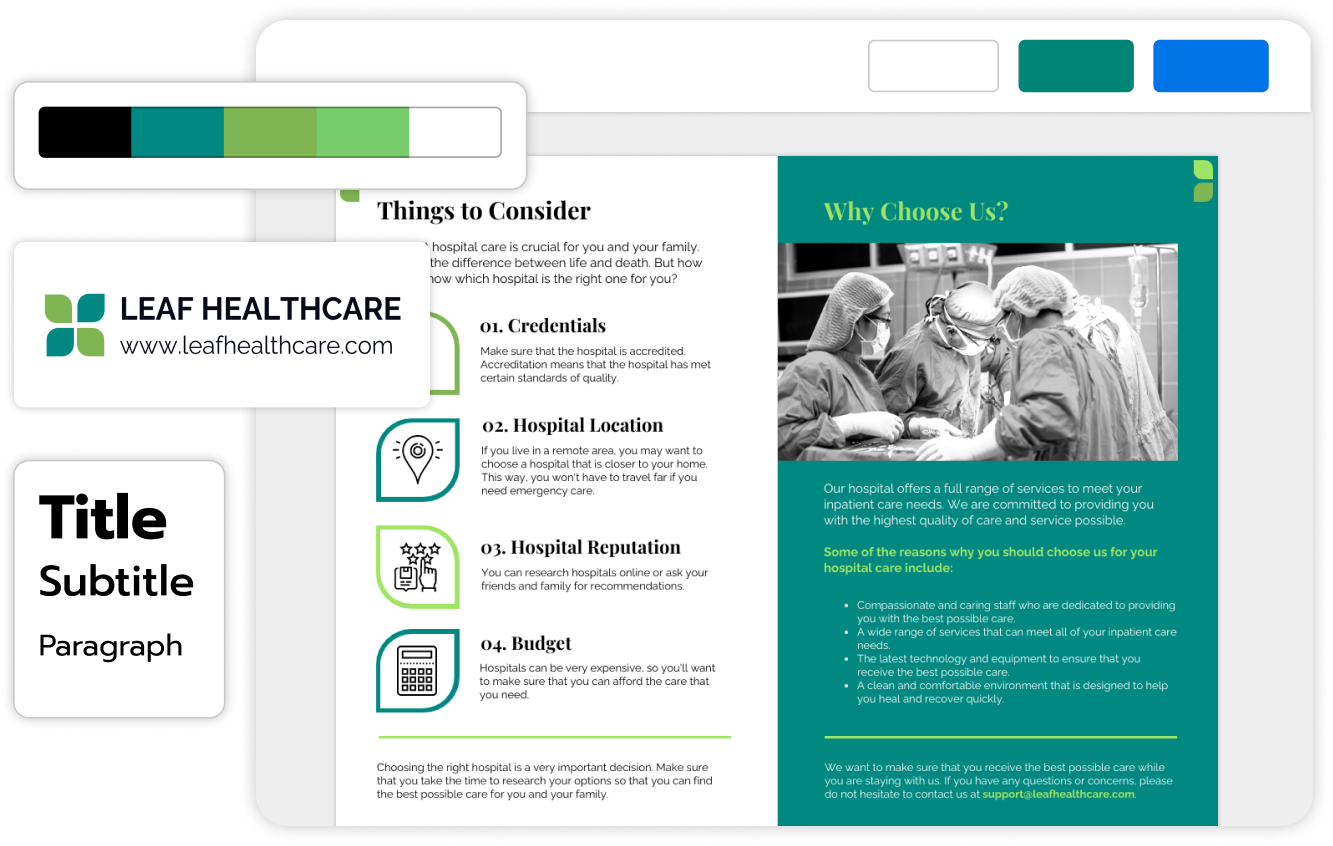 Collage of website design mockups for LEAF HEALTHCARE with sections titled 'Things to Consider' and 'Why Choose Us?', featuring text content about hospital credentials, location, reputation, and budget, alongside an image of medical professionals in surgery.