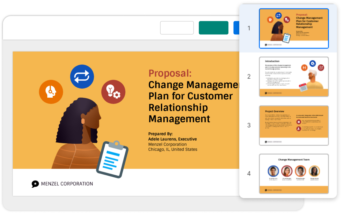 Illustration of a business proposal document titled 'Change Management Plan for Customer Relationship Management' with a profile silhouette of a woman, icons representing strategy, and the Menzel Corporation logo. The image also shows smaller previews of subsequent pages with text and graphics related to project management.