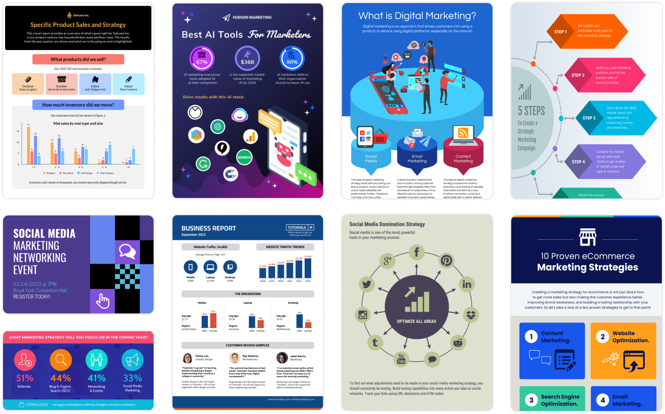 Collage of eight different marketing and business infographics including topics like product sales strategy, AI tools for marketers, digital marketing, a marketing campaign roadmap, social media marketing event, business report, social media domination strategy, and eCommerce marketing strategies.