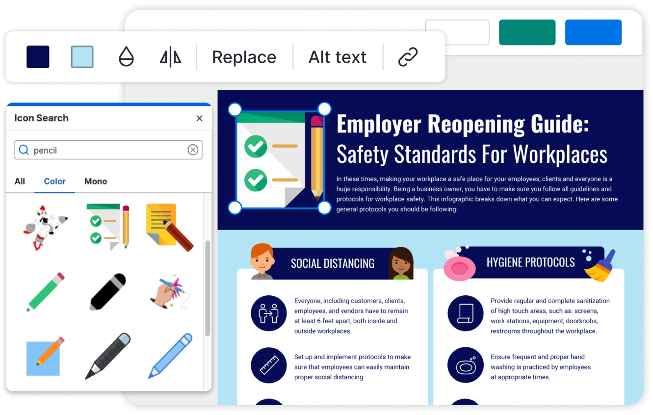 Screenshot of a digital workplace infographic titled 'Employer Reopening Guide: Safety Standards For Workplaces' with sections on social distancing and hygiene protocols, alongside an icon search window with various pencil icons displayed.