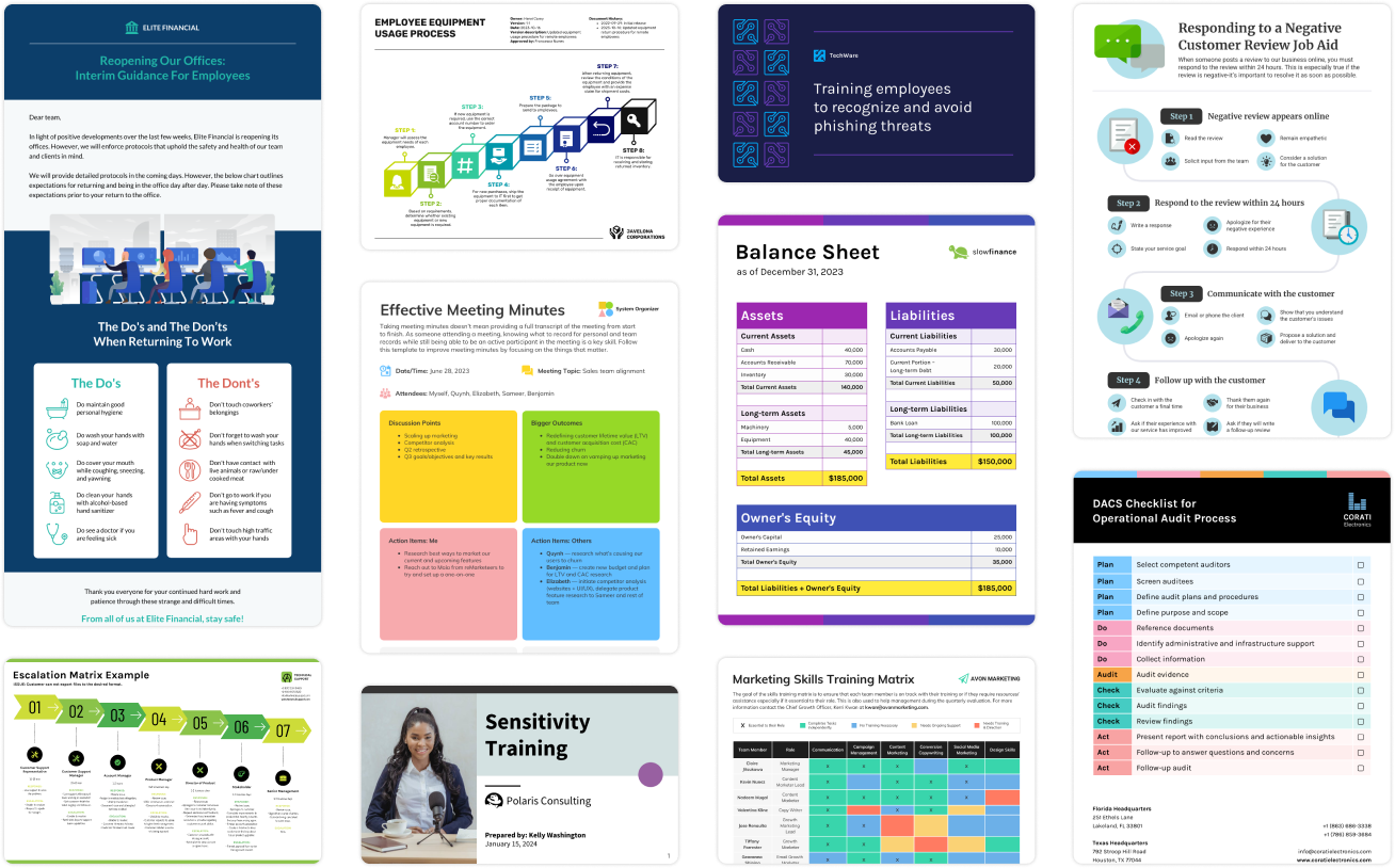 Collage of various business-related documents including guidelines for reopening offices, employee equipment usage process, training on phishing threats, balance sheet, meeting minutes template, customer review response guide, operational audit checklist, escalation matrix, sensitivity training, and marketing skills training matrix.