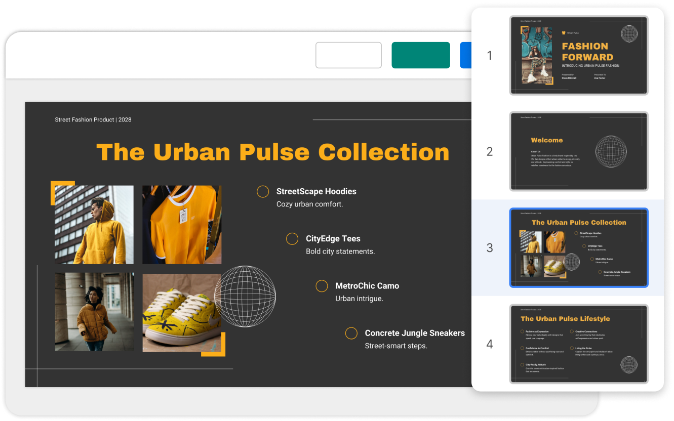 A digital mockup of a website featuring 'The Urban Pulse Collection' with sections for StreetScape Hoodies, CityEdge Tees, MetroChic Camo, and Concrete Jungle Sneakers, alongside images of a yellow hoodie, a person wearing a yellow hoodie, yellow sneakers, and a person in an orange jacket.