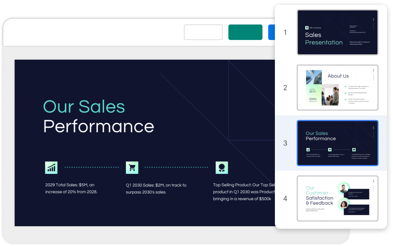 A digital presentation displayed on a tablet with a slide titled 'Our Sales Performance' showing graphs and bullet points about sales statistics, alongside a smaller image of a web interface showing thumbnails of different presentation slides.