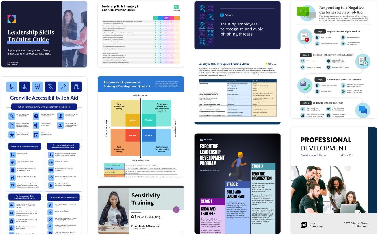 Collage of various professional training and development materials including guides, checklists, job aids, and program outlines related to leadership skills, accessibility, performance improvement, employee safety, sensitivity training, and professional development.