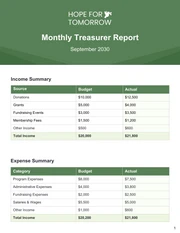 Monthly Non Profit Treasurer Report Template - Pagina 1