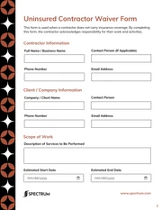 Uninsured Contractor Waiver Form Template - Page 1