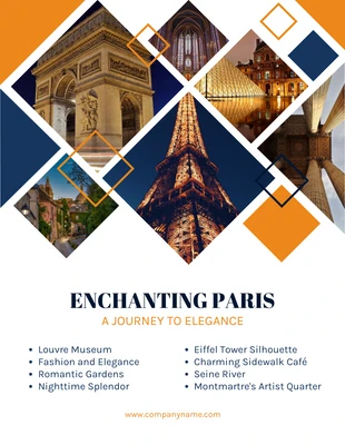 Free  Template: Poster di viaggio geometrico incantevole di Parigi bianco arancione e blu scuro