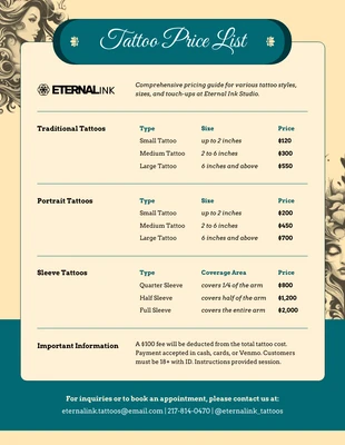 premium  Template: Tattoo Price List Template