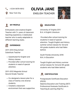 White And Brown Clean Simple Minimalist English Teacher Resume