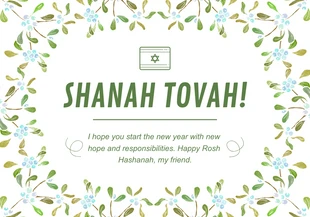 Free  Template: Carte Shanah Tovah florale simple blanche et verte