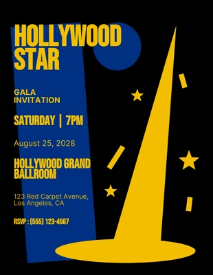 Free  Template: Convite Hollywood Amarelo E Azul Escuro