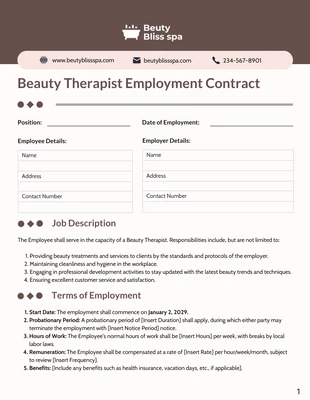 Free  Template: Plantilla de contrato de empleo para terapeuta de belleza