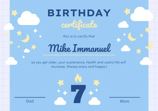 premium  Template: شهادة عيد ميلاد توضيحية مرحة باللون الأزرق الفاتح