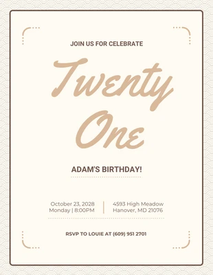 Free  Template: Invito per il 21° compleanno con motivo semplice beige