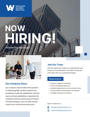 Free  Template: Blue and White Marketing Manager Hiring Poster