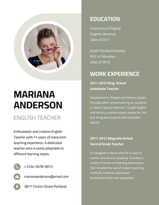Free  Template: White And Green Modern Simple Aesthetic English  Teacher Resume
