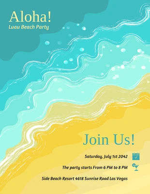 Free  Template: Ilustración moderna azul y amarilla Invitación Luau en la playa